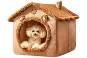 ALLSOPETS Caseta para Perros Casa Gatos Interior Cama De Cueva De Gato Casa para Mascotas Plegable Cama para Mascotas con Cojines de Felpa Suave Tapa Extraíble Marrón A