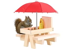 NCONCO Squirrel Feeder, Wooden Picnic Table with Umbrella & Corn Cob Holder, Easy to Fill Peanuts & Nuts, Ideal for Squirrel Lovers