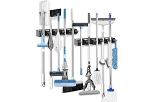 AceMining Uchwyt ścienny na miotłę, 2 sztuki, 5 uchwytów i 6 haczyków, czarny uchwyt na narzędzia ogrodowe, uchwyt na miotłę z tworzywa sztucznego ABS, gruby i trwały uchwyt na miotłę, uchwyt ścienny