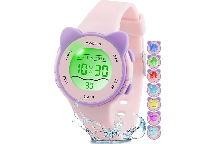 Ayybboo Kids Watch,Toddler Digital Watch with 7 Color Lights & Kitten Design,Waterproof Children's Watches for Girls/Boys 4-12 Years Old