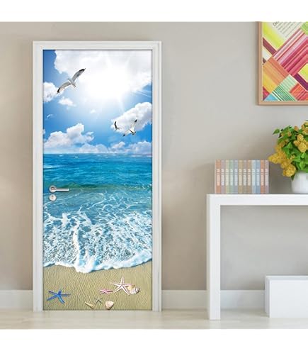 Sticker Porte 3D Vue Sur Mer 77x200cm - Autocollant Mural Océan Fenêtre