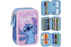 CARTOON Astuccio Stitch Disney astuccio multiscomparto 3 zip per la scuola completo 44 pezzi penne matite colori pennarelli