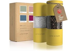 LARS NYSØM Zestaw młynków do soli I pieprzu ze stali nierdzewnej z regulowanym ceramicznym mechanizmem mielącym 2 sztuki I Zestaw młynków do przypraw ręcznych (2 sztuki) (Mustard Yellow)