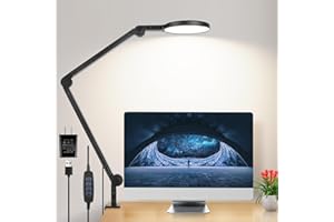 Woputne Desk Lamp with Clamp, Dimmable Home Office Desk Light with Strong Swing Arm, 3 Modes x 10 Brightness, Ring Clamp Task Table Lamps with Adapter | Ring Webcam Light