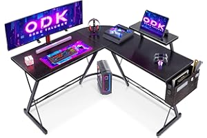 ODK L Shaped Gaming Desk with Monitor Stand, 127x127x75 cm Computer Desk with Storage Bag, Corner Desk for Gaming, Home, Office, Black