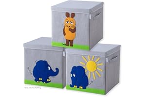 LIFENEY meets Die Maus 3x Aufbewahrungsbox mit Deckel für Kinder – Boxen mit der bekannten Maus und dem beliebten Elefanten im 3er Set – 33 x 33 x 33 cm passend für klassische Würfelregale