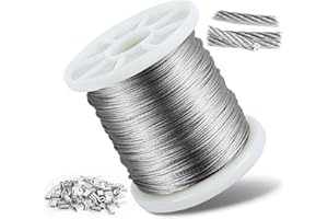 YOUMORO 1mm Wire Rope, 304 Stainless Steel Wire Cable with Aluminum Crimping Loop, 100m Stainless Steel Hanging Cable 7x7 Cross Section for Picture Hanging, Clothes Line