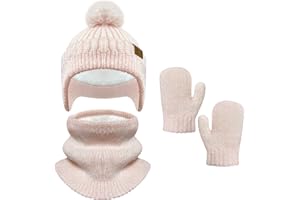 Bseical Mütze Schal Handschuhe Set Mädchen, Wintermütze Kinder, Schal kleinkind, Handschuhe Kinder, Fleecefutter Warme Knit für 2-8 Jahre