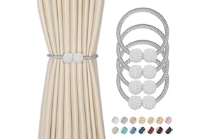 DPROFY 4 Pieces Magnetic Curtain Tie Backs - 19" Long Pearl Ball Curtain Magnetic TieBacks, European Drapes Clips Rope Holdbacks for Home, Office, Hotel Window Decorative, Grey