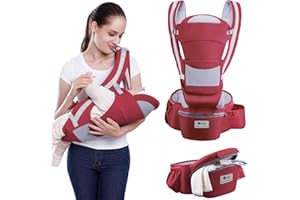 Lohofrnny Porte Bébé, Siège de Hanche Multifonction pour Porte Bebe de 0 à 36 mois, Porte-bébé ergonomique avec Siège de Hanche/Pur coton, Toutes Saisons, Charge Maximale 25 kg (Rouge)