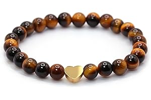 LAKADA Bracelet en oeil de tigre véritable pierre précieuse avec perles rondes de 6mm et cœur en acier inoxydable - différentes longueurs - bracelet en pierres précieuses porte-bonheur talisman cadeau