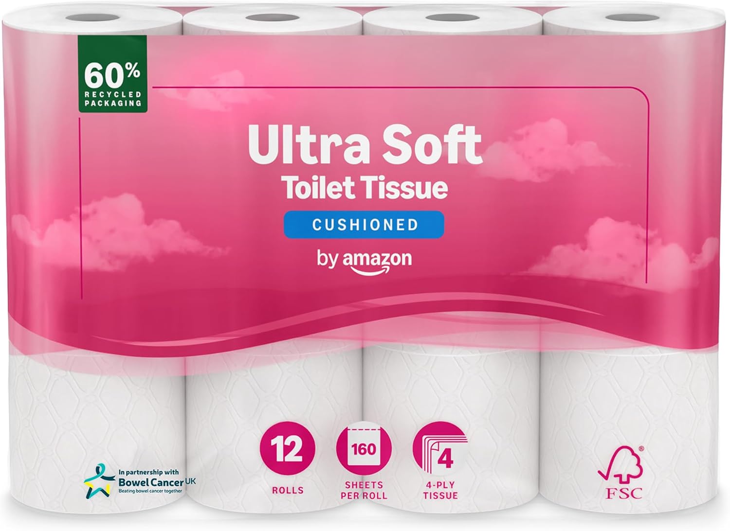 by Amazon Ultra Soft Toilet Tissue, 4-ply, 12 Rolls (1 Pack of 12), 160 Sheets per Roll, FSC Certified