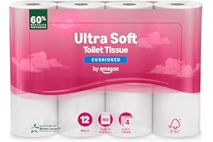 by Amazon Ultra Soft Toilet Tissue, 4-ply, 12 Rolls (1 Pack of 12), 160 Sheets per Roll, FSC Certified