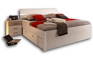 ‎STELLA TRADING Stella Trading MARS Stilvolle Doppelbett Bettanlage 180 x 200 cm mit 2x Nachtkommoden - Schlafzimmer Komplett-Set in weiß / Eiche Sonoma Optik - 216 x 97 x 185 cm (B/H/T)