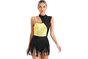 Choomomo Donna Vestito Latino Americano Abito da Ballo con Paillettes a Frange Body da Ginnastica Artistica Tuta Danza Pattinaggio Dancewear S-XXl