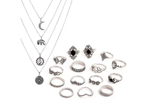 TOPWAYS®Boho Style Vintage Punk Halskette und Ringe Party Schmuck Sets, einschließlich Multi Layer Long Necklace und Women Joint Knuckle Retro Ring Set 15 stück