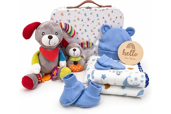VEVIUR – Coffret Cadeau de Naissance Bébé – Cadeau pour Nouveau-né avec Peluche, Hochet et Accessoires – Fille et Garçon (bleu)