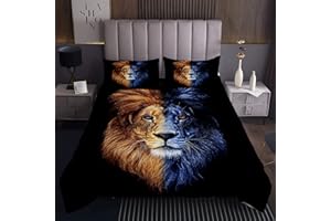 Tbrand Set copripiumino trapuntato per bambini con leone blu marrone, con copripiumino trapuntato per bambini, donne, uomini, con stampa safari nera e trapuntata, con 2 federe
