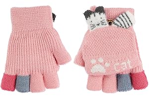 AfinderDE Kinder Fausthandschuhe Mädchen jungen Abnehmbare Klappe Strickhandschuhe Fäustlinge Handschuhe Fingerhandschuhe Fingerlos Halb Handschuhe Strick Handschuhe Winterhandschuhe (Pink 3)