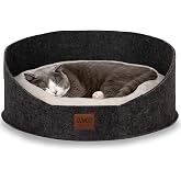 Jungolica Robin Felt Cat and Dog Bed 50x50 cm, High Edge Deep Nest, Removable Double Sided Plush Cushion, Natural