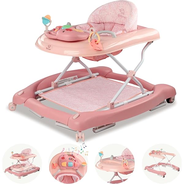 Girello Evolutivo 3 In 1 Per Bambini | Pieghevole, Con Scatola Musicale Rimovibile E Cappuccio Girevole 360° | Maniglia Di Spinta Regolabile In Altezza (Rosa)