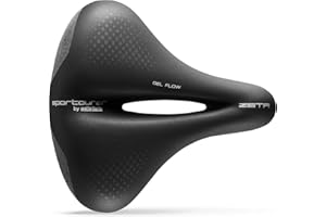 Sportourer by Selle Italia - Zeta Comfort Gel SuperFlow, Sella per Bicicletta da Città, Morbida in Gel, Con Tecnologia Riflettente per Scarsa Visibilità, Resistente all'Acqua - Nera