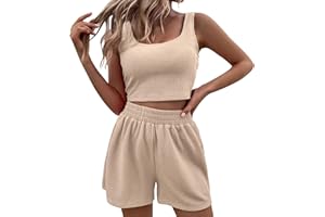 NIUREDLTD Set Damen Outfit 2 Teiler Damen Sommer Zweiteiler Damen Shorts und Top Sets 2 Piece Spaghettiträger Bauchfrei Tank Tops Kurze Hose Tops Camisole Crop Shorts Hauseanzug Kombi 2-Teiler Home Set #W