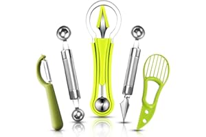 MNGREN 5 Stück Obst Löffel Cutter Set, 4 in 1 Edelstahl Melonenlöffel Schnitzmessern und Zweiseitiger Melonenausstecher, Avocado Corer, Apple Slicer, Küche Gemüse Werkzeuge zum Schneiden und Schnitzen