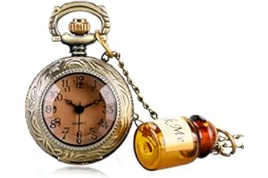 Designer Inspirations Boutique ® Alice in Wonderland Drink Me Bottle Brushed Bronze Antiqued/Vintage Case Women's Quartz Pocket Watch Necklace - On 32" Inch / 80cm Chain