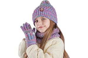 LANCRY Kids Winter Hat Scarf and Gloves Set,Warm Thermal Knitted Beanie Cap Snood Neck Warmer Touchscreen Mitten with Soft Fleece Lining for Girls Boys Age 4-10