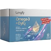 Longify Omega 3 + D3K2, Y&uuml;ksek EPA & DHA, Vitamin D3, Vitamin K2 (MK7), Vitamin E, Balık Yağı, 60 Yumuşak Kaps&uuml;l