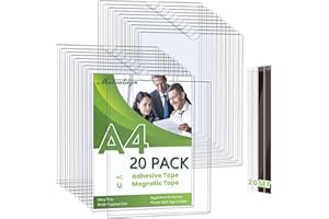 MUTUALSIGN Wandschilderhalter, A4, Magnetschilderhalter, starre Druckschutzfolien mit Klebe- und Magnetbändern, Wandhalterung, Kunststoff-Papierhalter für Büro, Geschäft, Zuhause, Fenster, 20 Stück