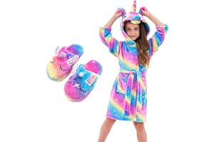 Piefry Unicorn Dressing Gown for Girls - Soft Hooded Robe Sleepwear With Slippers, Gifts for Girls