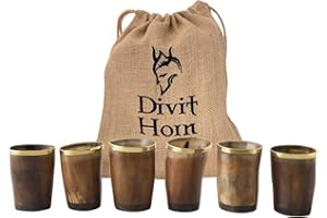 DIVIT HORN Verres à Shot à Boire de Style Viking Divit | Set De 6| Authentique Verres à Shot en Corne de bière médiévale | Capacité de 130 ML (4.5 oz) | Coupe en Corne de la Plus Haute qualité