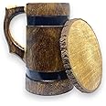 POSHIO Acacia Wooden Handcrafted Beer & Juice Mug with Handle and Metal Strip | Barrel Shaped Jumbo Mug for Cocktail Parties- Matte Finish (600 ml, 6.7 x 5 x 6.7 inches) (600ML, 1)