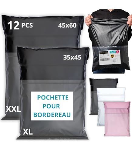 EMBALLAX - 12 Emballage Colis Vinted GRAND FORMAT - Pochette pour BORDEREAU - XL/XXL - OPAQUE/ULTRA-LÉGÈRE/IMPERMÉABLE - Enveloppe Expédition Plastique - Vetement, Boite/Carton - Pochette Envoi - Sac EMBALLAX - 12 Emballage Colis Vinted GRAND FORMAT - Pochette pour BORDEREAU - XL/XXL - OPAQUE/ULTRA-LÉGÈRE/IMPERMÉABLE - Enveloppe Expédition Plastique - Vetement, Boite/Carton - Pochette Envoi - Sac