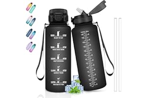 GRSTA Gourde 1,5l, Gourde Sport, Anti-Fuite, Bouteille avec Paille pour Randonnée, Gourdes Graduée avec Slogan de Motivation, Bouteille Adulte, Facile à Transporter, pour Extérieur, Camping, Randonnée