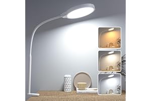 ‎HENSAM Schreibtischlampe Led Dimmbar Tischlampe 3 Farb Und 10 Helligkeitsstufen Lampe Schreibtisch Klemmbar Kinder,Flexible Leselampe für Zuhause,BüRo,Lesen,Nachttischlampe Usb-Anschluss,Verstellbar,Weiß