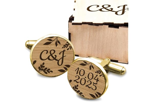 Boutons de chemises personnalisés en bois de peuplier et acier inoxydable argenté ou doré, assortis ou asymétriques, mariage champêtre, floral, feuilles, boutons de manchette (Doré, Asymétrique)