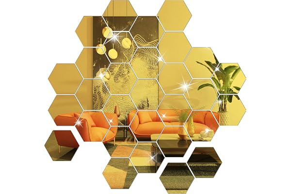 NAILDOKI Lot de 36 miroirs Autocollants muraux hexagonaux en Acrylique pour décoration de Salon, Chambre à Coucher (Doré)