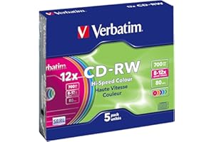 ‎VERBATIM Verbatim CD-RW 700 MB, 5er Pack Slim Case bunt, CD Rohlinge beschreibbar, 52-fache Brenngeschwindigkeit mit langer Lebensdauer, leere CDs, Audio CD Rohling rewritable, CD leer