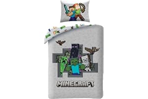 HALANTEX Ropa de cama infantil reversible con certificado Öko-Tex de 140 x 200 cm y funda de almohada de 70 x 90 cm Minecraft con Alex y Steve