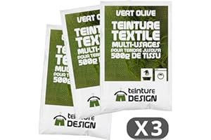 TEINTURE DESIGN Lote de 3 sobres de Tinte Textil - VERDE OLIVA - tintes universales para ropa y tejidos naturales