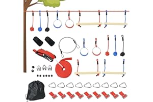 Outsunny Parcours d'obstacles Ninja pour Enfants 30 Accessoires 10 m de Slackline et Sac de Transport Bleu Noir Rouge