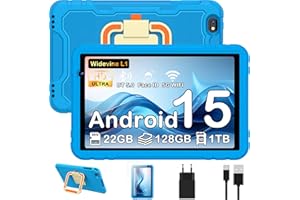 JUEDUR Android 15 Niños Tablet 10 Pulgadas, 22GB RAM+128GB ROM, Control Parental, 8000 mAh, 8-Core, 5MP+8MP con 5G Wifi6, Protective Antichoque Eva Estuche Protector + Soporte Giratorio de 360°(Azul)