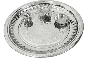 Gavya International Stainless Steel Pooja Thali, 9.5 inch, Ganpati & Swastik Engraved, Home Temple Mandir, Diwali Pooja Thali, Karwa Chauth Plate
