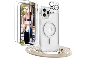 GUtttGU Handykette für iPhone 15 Pro Hülle mit Band mit 2 Displaychutzfolie Panzerglas + 2 Kamera Schutzfolie Transparent Handyhülle Kompatibel mit Magsafe Schutzhülle Case für iPhone 15 Pro Klar