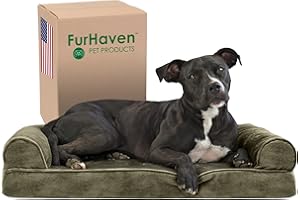 Furhaven Legowisko z pianki z pamięcią kształtu dla średnich i małych psów, ze zdejmowanymi podkładkami i pokrowcem, do 15 kg, sztuczne futro i aksamitna sofa, ciemnoszałwiowe, rozmiar M