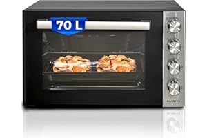 KUMTEL Mini Four, Four à pizza, 70 L - XXL, 2000 W 6 modes de cuisson, Tournebroche, Double vitrage, Max. 270 °C, Fonction minuteur, Revêtement intérieur en granit, Avec plaque de cuisson