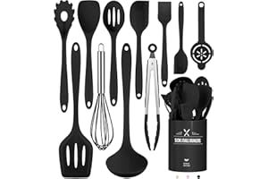TERLULU Küchenhelfer Set, 12-teiliges Silikon Kochutensilien Kochbesteck Set, Hitzebeständiger Kochgeschirr mit Utensilienhalter, Antihaft Kochset Küchenutensilien, Spülmaschinenfest - Schwar